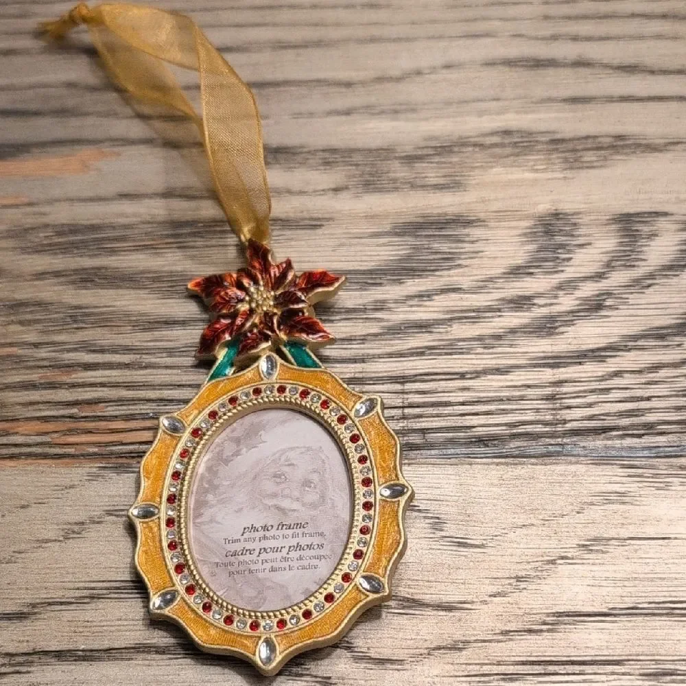 Gold & Red Enamel Metal Rhinestone  Christmas Poinsettia Ornament Picture Frame
